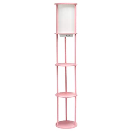 62.5 Shelf Storage Floor Lamp With 2 USB Charging Ports, 1 Charging Outlet, Linen Shade, Light Pink